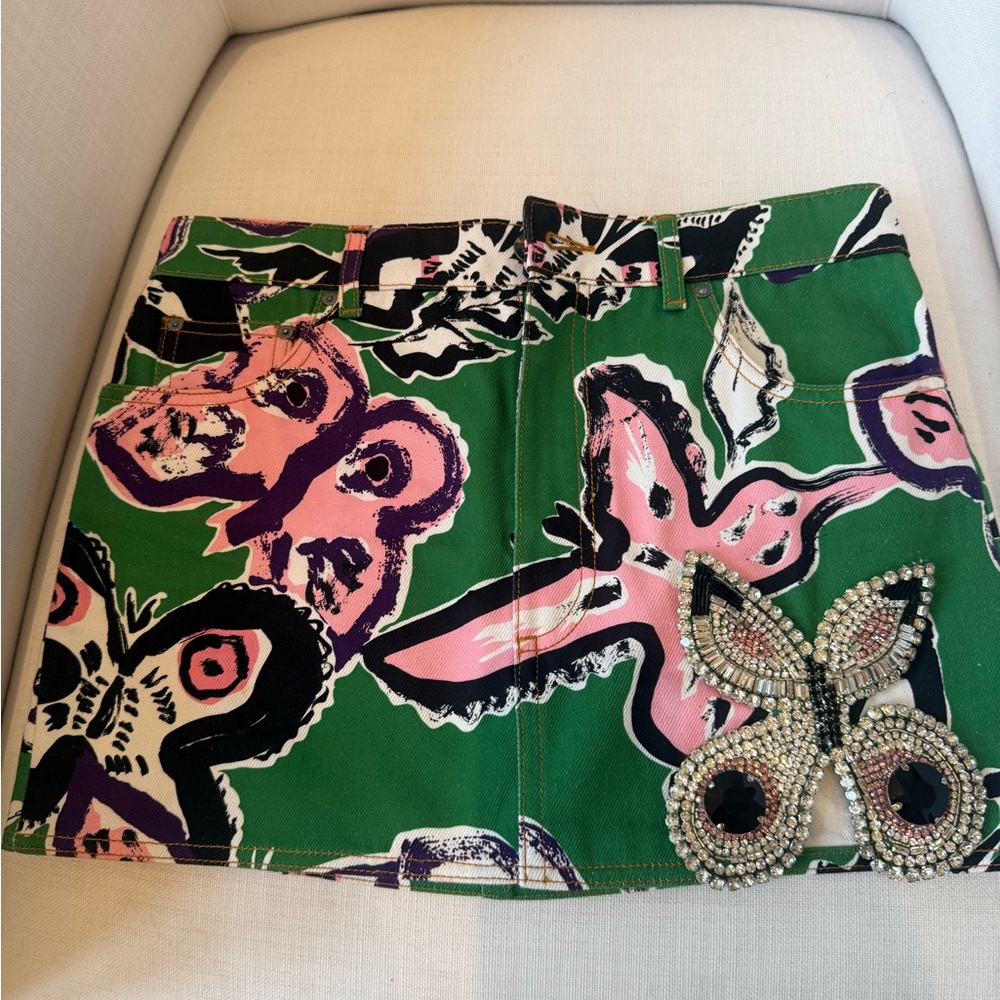 Green and Pink Butterfly Embellished Skirt